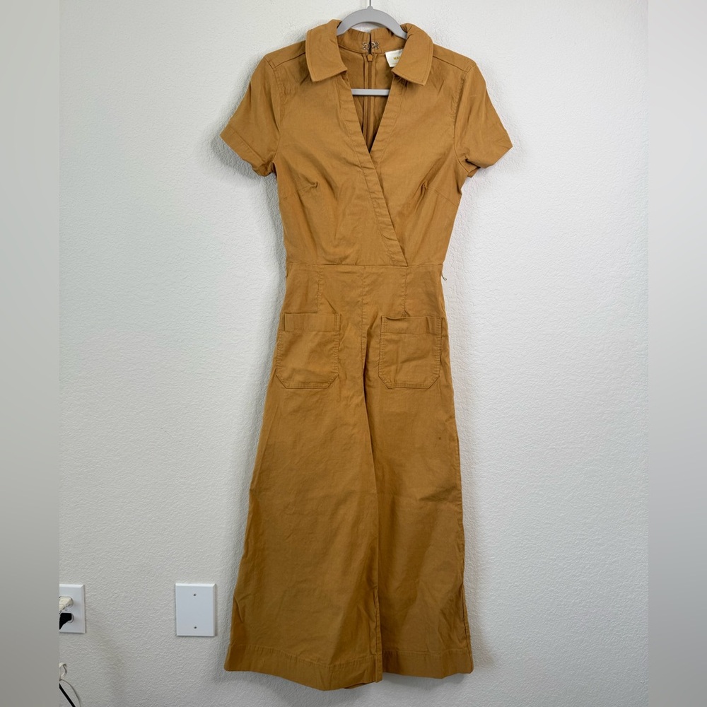 Maeve Faux-Wrap Short-Sleeve Culotte Jumpsuit Wide Leg Brown Anthropologie Sz 4